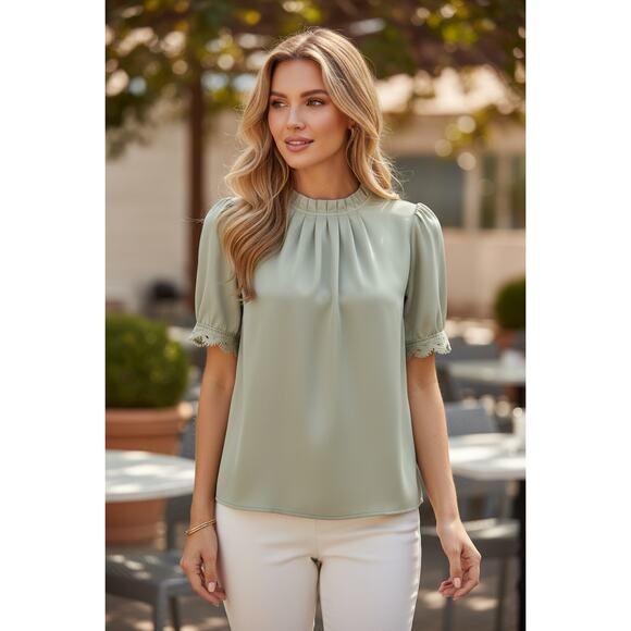 BTFBM Tops - BTFBM Pleated Mock Neck Blouse | Lace Trim Puff Sleeve Top | Size M | New With T